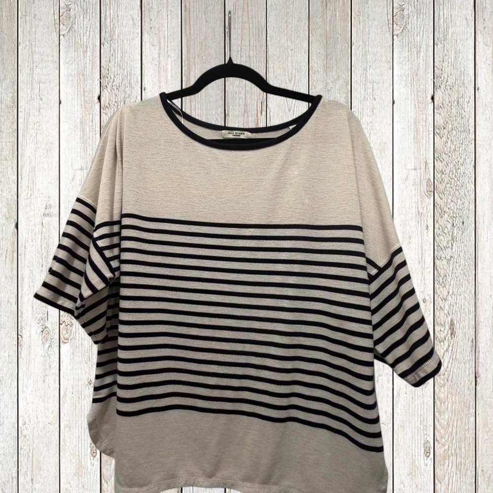 Max Studio London Womens Top Beige Black Striped Elbow Sleeve Knit Large